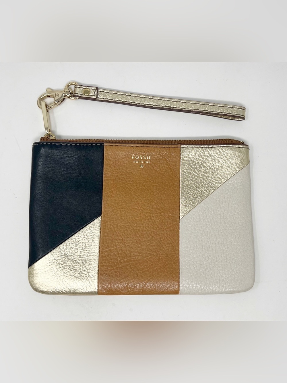 FOSSIL Color Block Wristlet Pouch Leather Wallet in Black/Brown/Gold